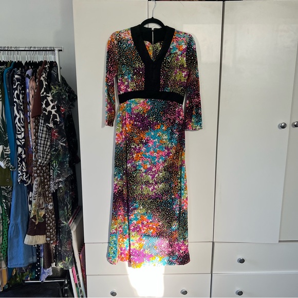 Vintage Y2K Polka Dot Black & Colorful Modest Lightweight Dress 3/4 Sleeves Sz M - Picture 2 of 14